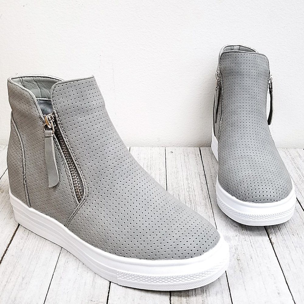 New Gray Perforated Wedge Platform Sneakers - Picture 3 of 5